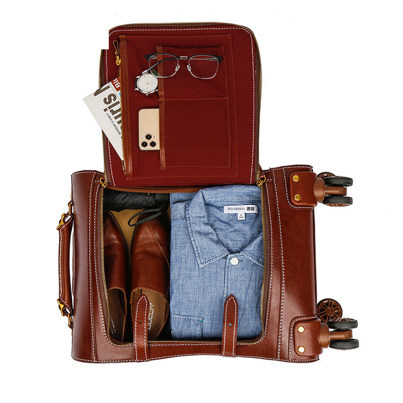 Universal Wheel Premium Business Travel case 20 Inch Retro Leather Luggage for Boarding Bold Handmade Pull Rod Shock-absorbing