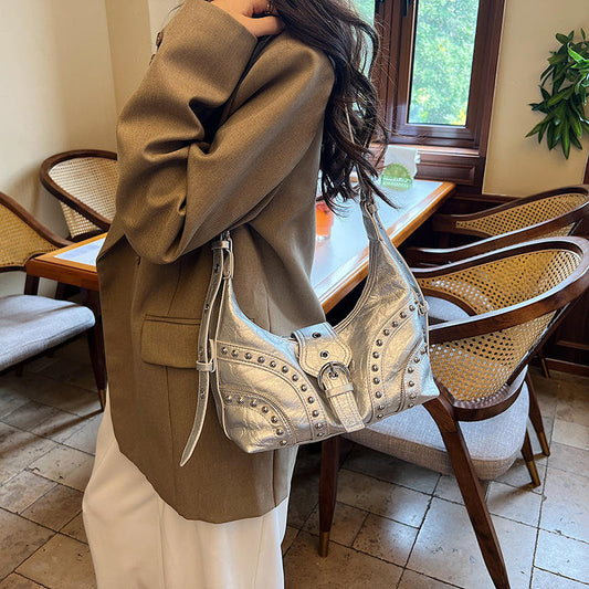 High-End Minimalist Women's Large Capacity Crossbody Tote Bag Retro Vintage Style with New Rivet Design Polyester Lining Girls