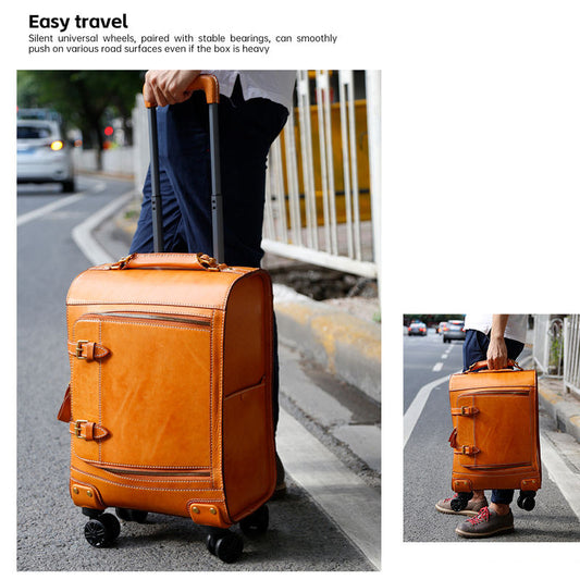 Universal Wheel Premium Business Travel case 20 Inch Retro Leather Luggage for Boarding Bold Handmade Pull Rod Shock-absorbing