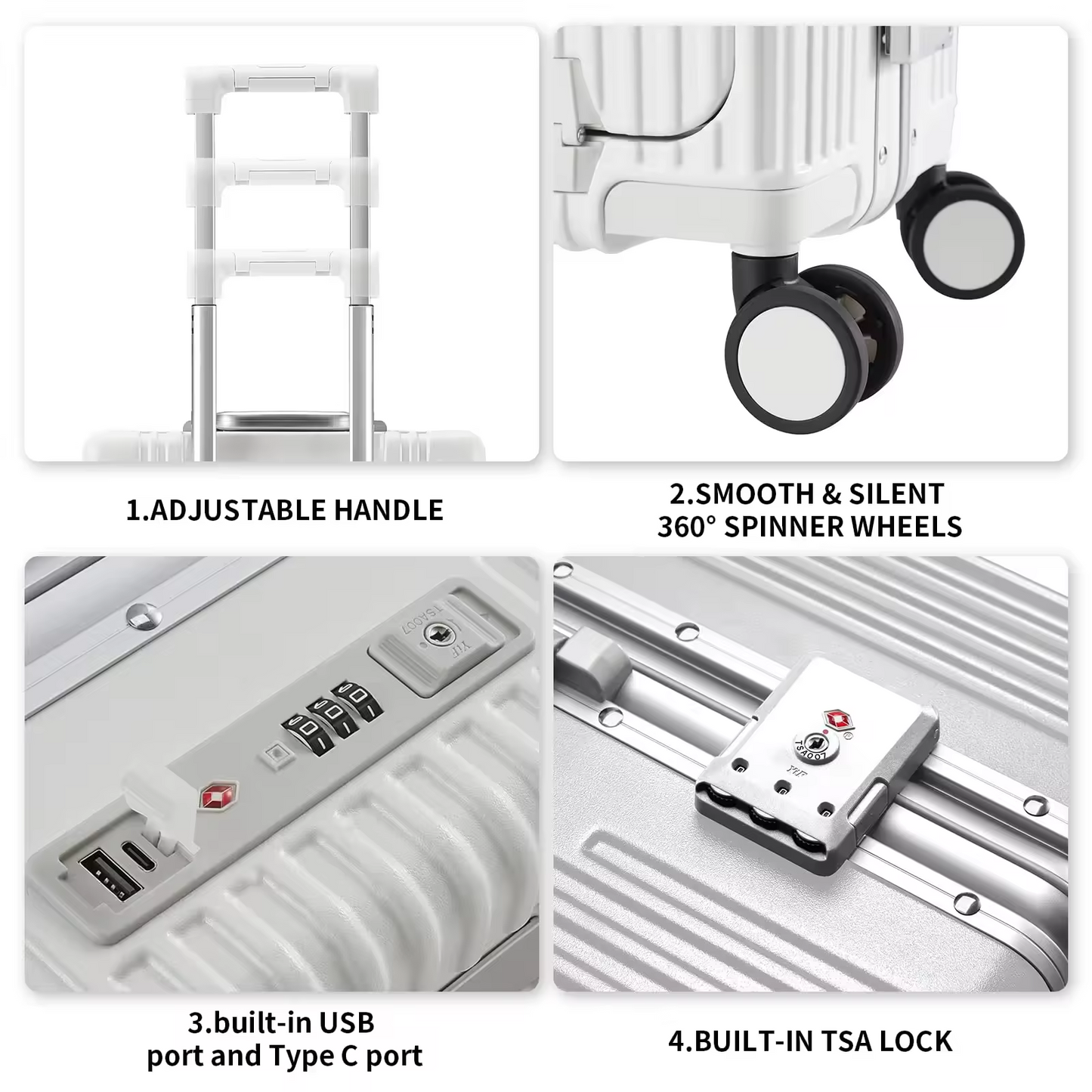 Vintage Aluminum Frame Luxury Suitcase Unisex Front Side Opening Hard Shell Carry on Travel Luggage with Cup Holder USB Port