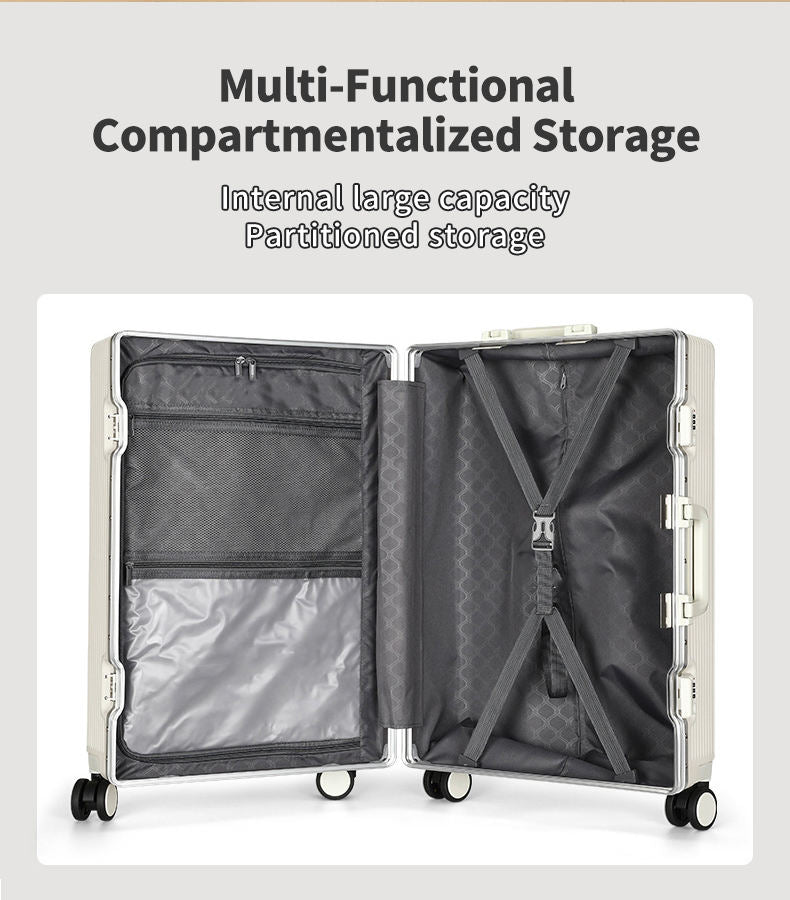 Vintage Aluminum Frame Luxury Suitcase Unisex Front Side Opening Hard Shell Carry on Travel Luggage with Cup Holder USB Port