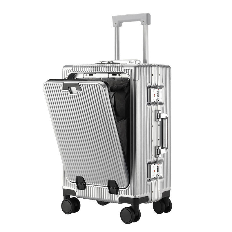 Vintage Aluminum Frame Luxury Suitcase Unisex Front Side Opening Hard Shell Carry on Travel Luggage with Cup Holder USB Port