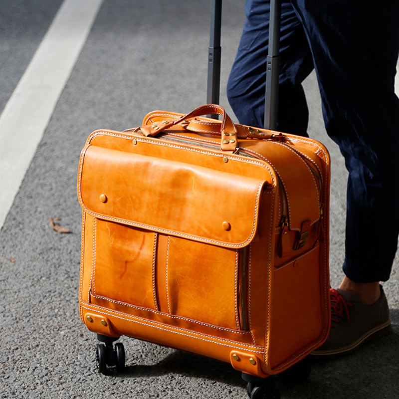 High Quality Customized Suitcase Leather Travel Luggage Bag Genuine Cow Leather Travel Bag With Wheels
