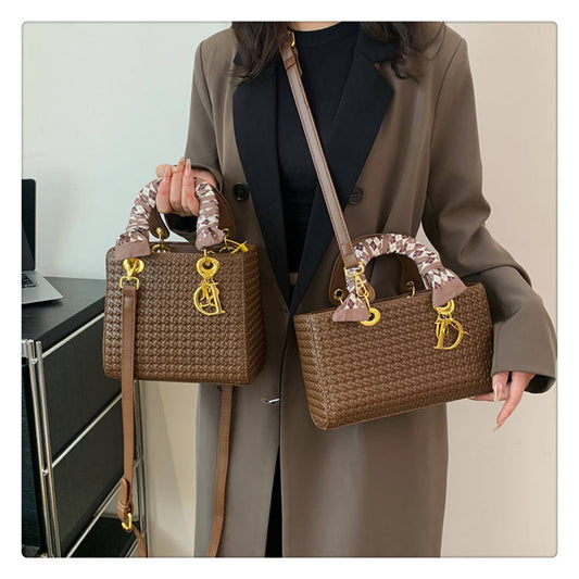 2024 New Luxury Retro Woven Pattern Handbag Women's Daily Office Waterproof PU Leather Shoulder Bag Messenger Bag Vintage Style